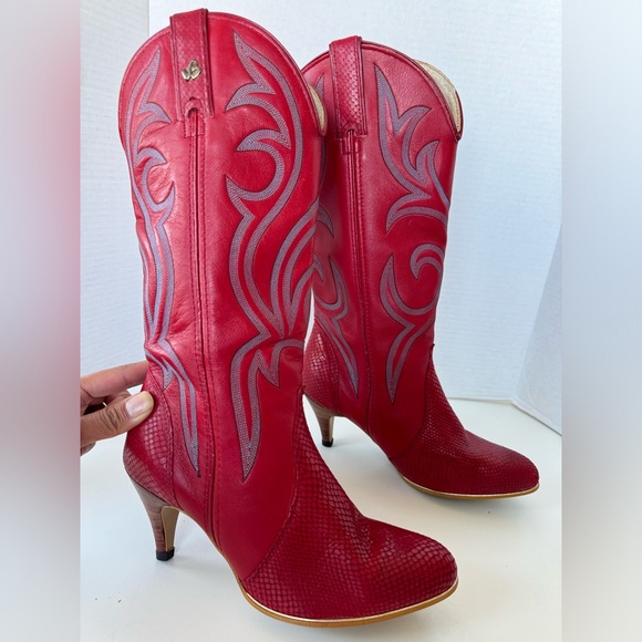 Vintage 80s Jeenz Bootz Red Leather Heel Cowboy Cowgirl Boots Size 7.5 *Flaws - Picture 5 of 13